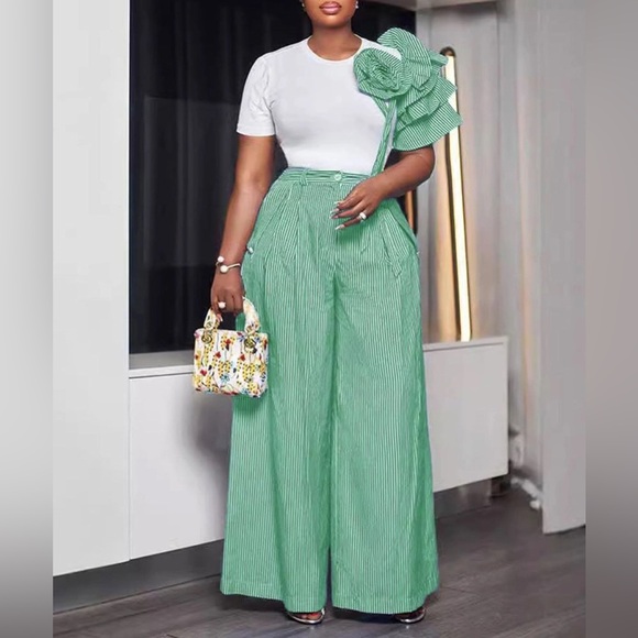 Green Chic Crew-Neck Short-Sleeved Striped Wide-Leg Pants Palazzo Set